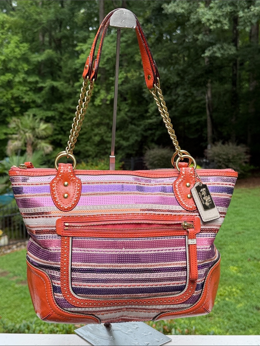 Coach Poppy Y2K  Pink, Purple, and Orange Sequined Leather-Trim Tote/Satchel